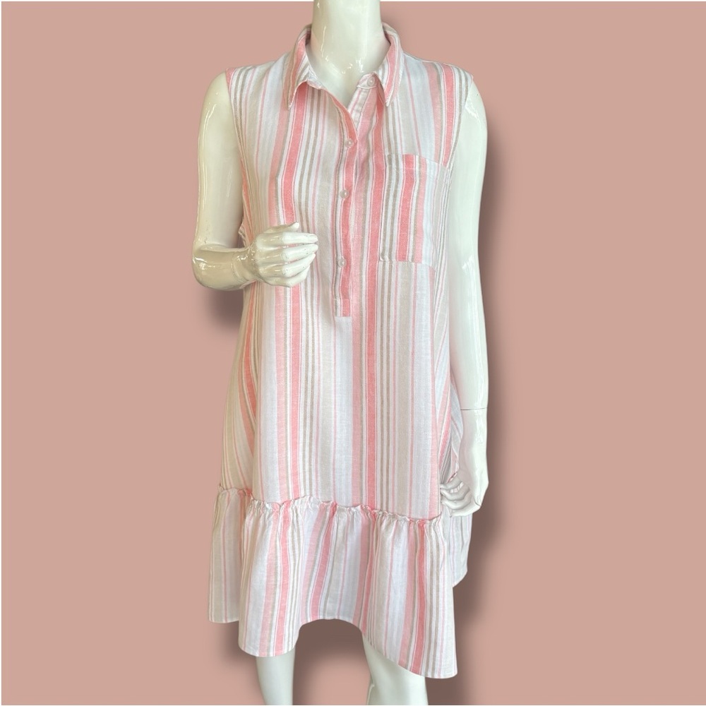Pink,White, Tan Linen Blend Striped Sleeveless Shirt Dress. Women Sz XL (16-18)